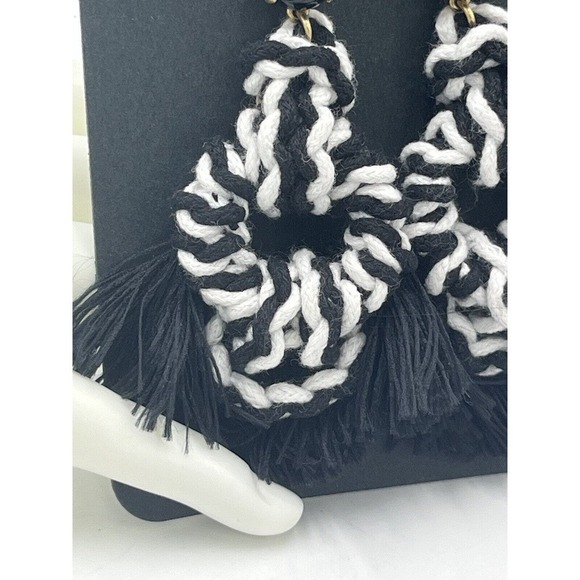 J. Crew Black White Knitted Sailors Knot Tassel Fringe Silver Tone Earrings New - Picture 9 of 9